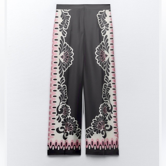 Zara NWT print straight cut pants satin effect pink black - Picture 2 of 5
